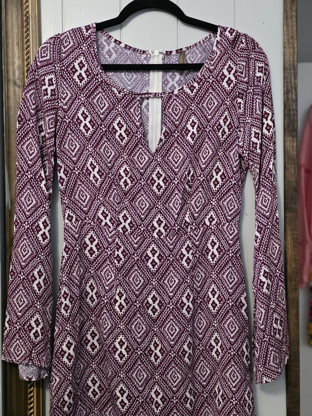 Stetson Women's Long-Sleeve Mini Dress in Berry and White Diamond Print